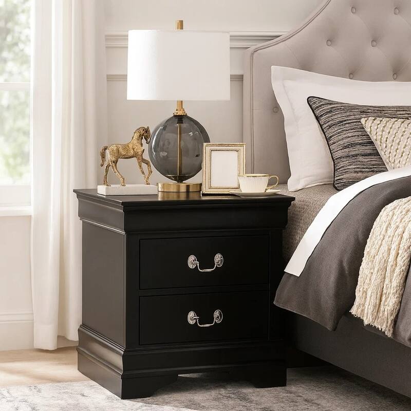 Traditional Style Wooden Night Stand With 2 Drawers Black