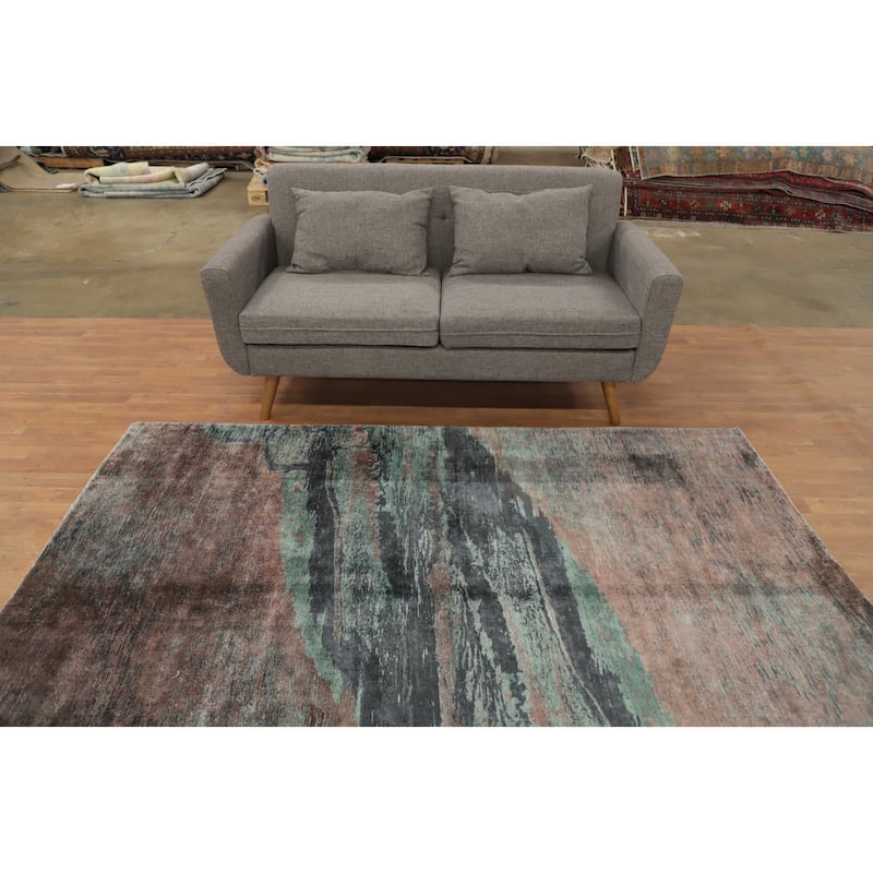 Hand Knotted Oriental Viscose Silk Carpet Modern Abstract Multi-Colored Abstract Area Rug - 7' 8'' X 5' 6''