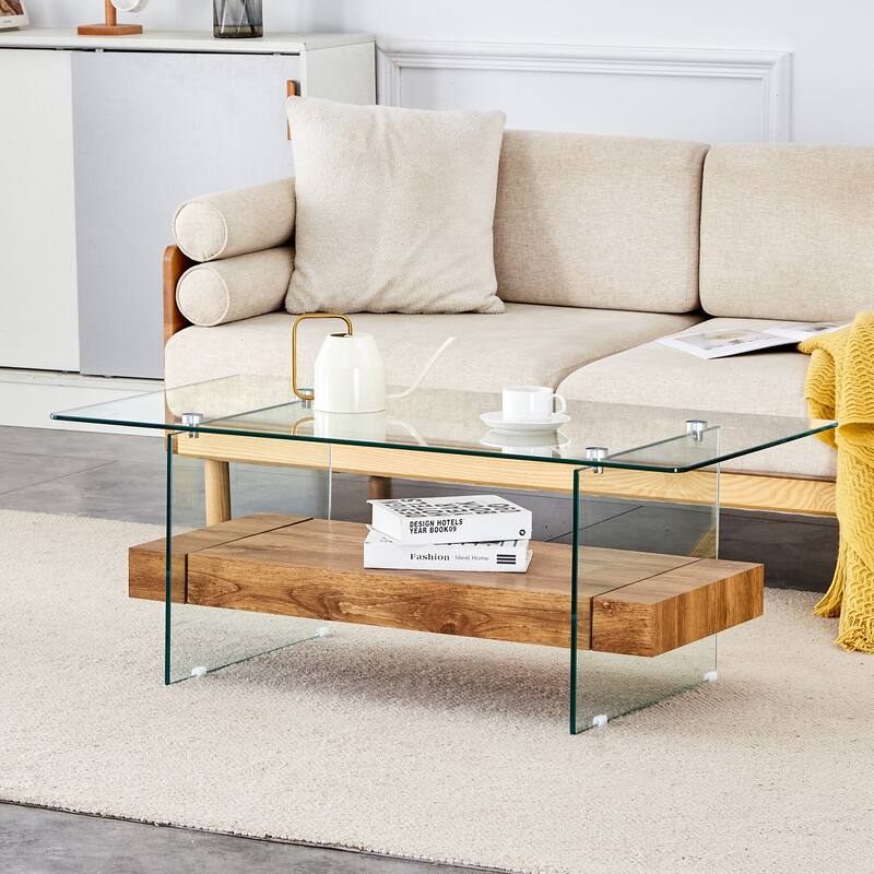 40.3-Inch Sturdy Double-Layer Coffee Table - Tempered Glass Tabletop And Table Legs,With A Load-Bearing Capacity Of 250 Pounds