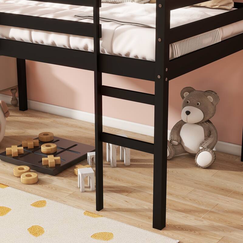 Black Twin Loft Bed with Ladder, Strengthened Slats, Rubber Wood and Plywood