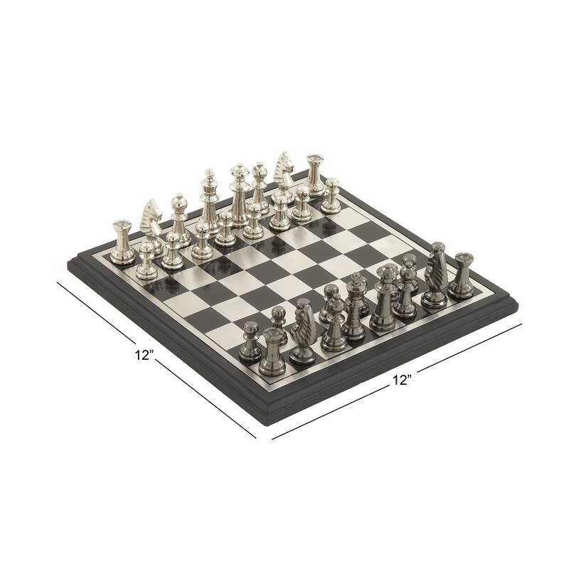 Aluminum Metal Chess Game Set with Black and Silver Pieces - Silver - Roche River Decor