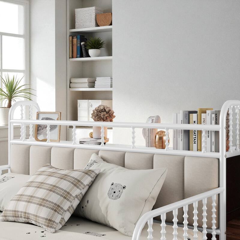 Twin/Full Size Metal Platform Bed with LED Lights and Upholstered Headboard, Kids Bed Frame with Storage Shelf