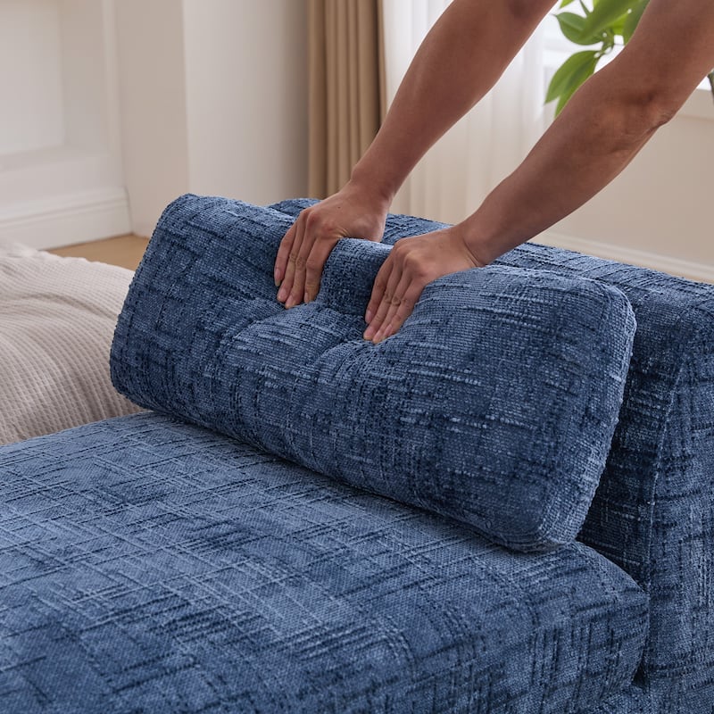Modern 83.1" Upholstered End of Bed Bench with Armrests, Chenille Accent Reading Bench with Pillows and Wood Legs for Bedroom