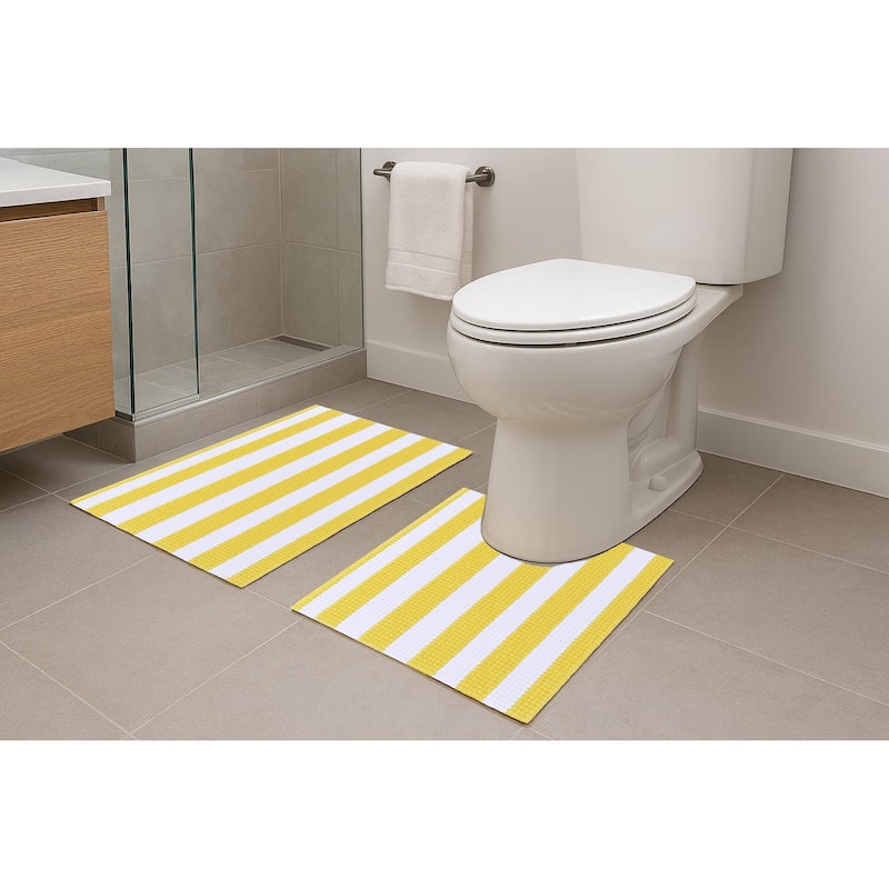 2 Piece Set Yellow White Stripe Soft Cozy Plush Chenille Bath Mat Bathroom Rug