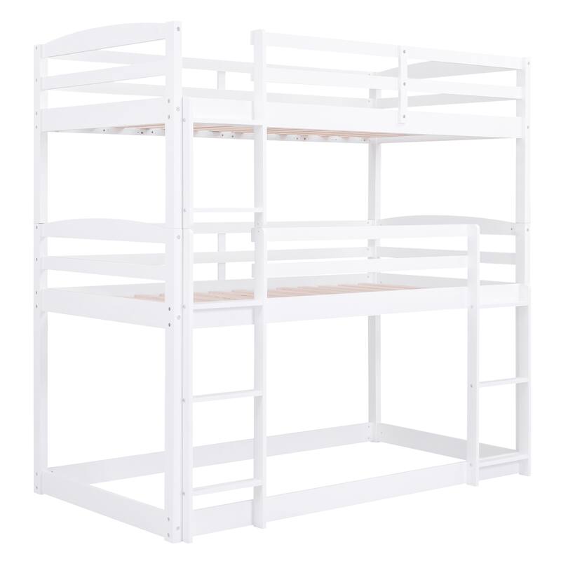Twin Triple Bunk Bed, Wood Twin Size Triple Bed Frame with Guard Rail