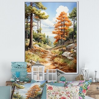 Designart "Pine Tree Sunlit Path II" Tree Pine Framed Canvas Art Print ...