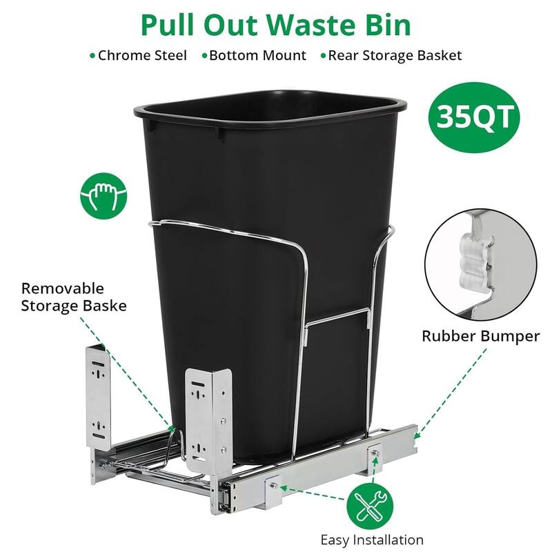 35-Quart Under-Cabinet Pull-Out Trash and Recycling Bin，Black（Contains single trash can）