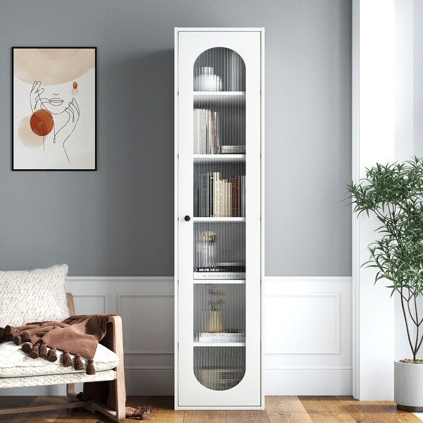 Roomfitters Tall Display Cabinet Fluted Glass Door Modern White