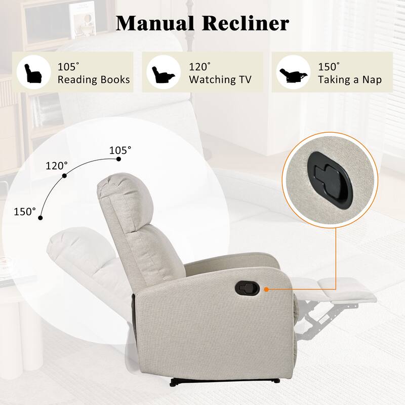 Manual Upholstered Recliner Chair, Modern Recliner Adjustable Single Sofa Chair, High Back Lounge Chairs for Living Room