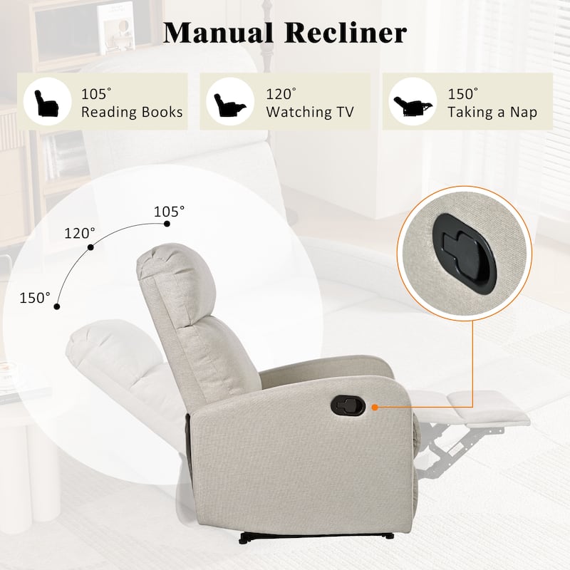 Modern Lounge Chaise Chair, Home Theater Manual Recliner Chair, Accent Chair with Three Adjustable Angles - Wheat