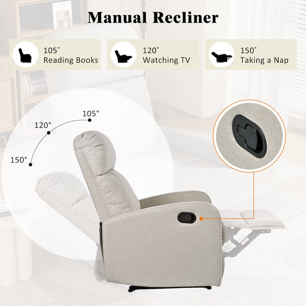 Modern Lounge Chaise Chair, Home Theater Manual Recliner Chair, Accent Chair with Three Adjustable Angles