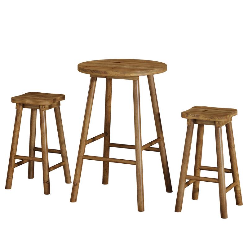 Solid Wood Round Bar Table & 2 Barstools Set, Pub Bistro Coffee Cocktail Accent Table, Bar Dining Room Kitchen