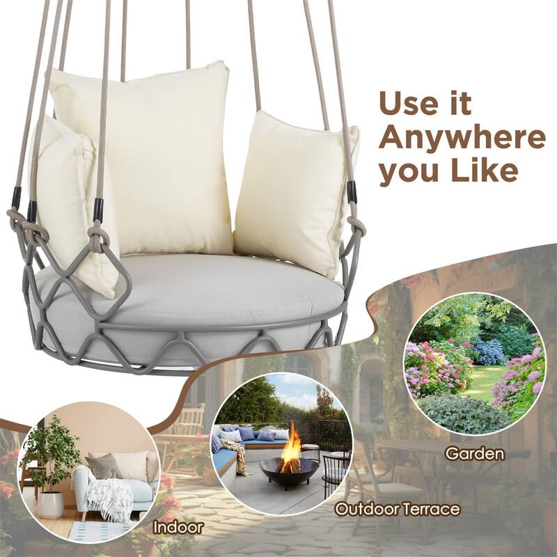 Outdoor Porch Swing Chair Hanging Basket, Hanging Chair with UV Resistant Cushion, Patio Swing Chair w/ Ropes for Porch, Balcony