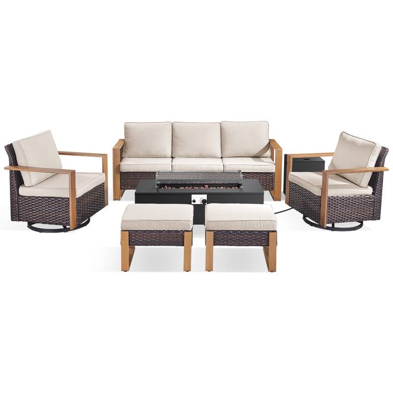 Meyreso Wicker Outdoor Patio Fire Pit Set with Swivel Gliders & 4.5-Inch Olefin Cushions