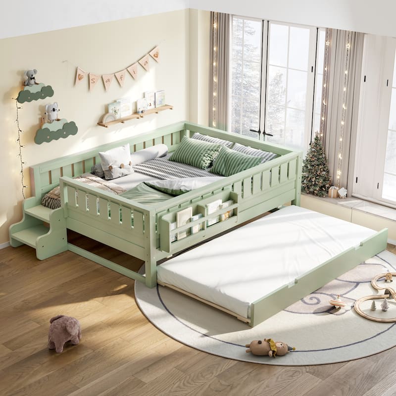 Roomfitters Floor Bed with Bookshelf and Trundle, Low Profile Frame with Step Entry