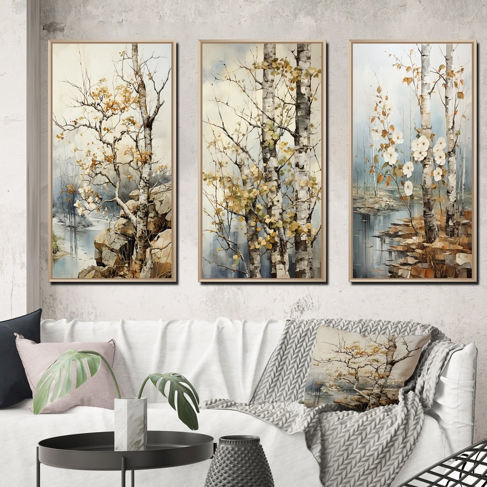 Designart "Beige Grey Tree Sycamore Symphony" Floral Framed Wall Art Set Of 3 Frame Canvas Set For Living Room Decor