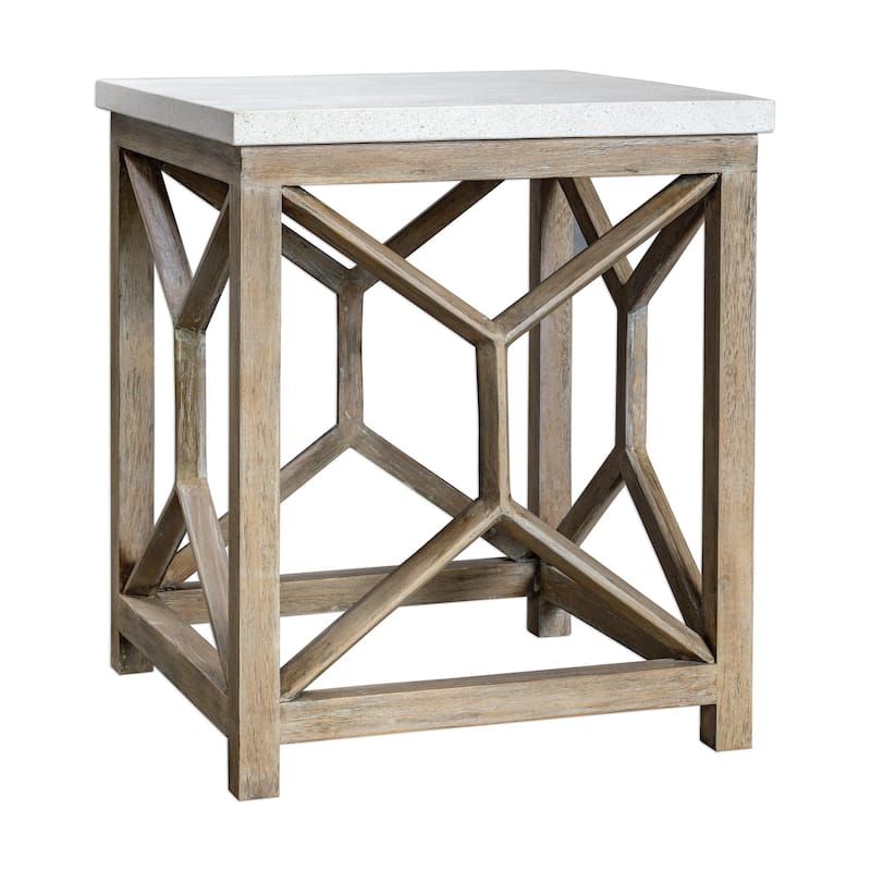 26" Catali Mixed Natural Wood Geometric End Table Ivory Limestone Top