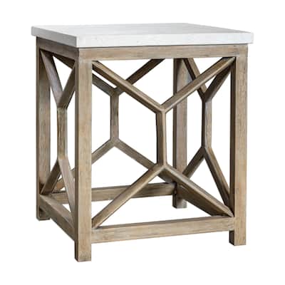 26" Catali Mixed Natural Wood Geometric End Table Ivory Limestone Top
