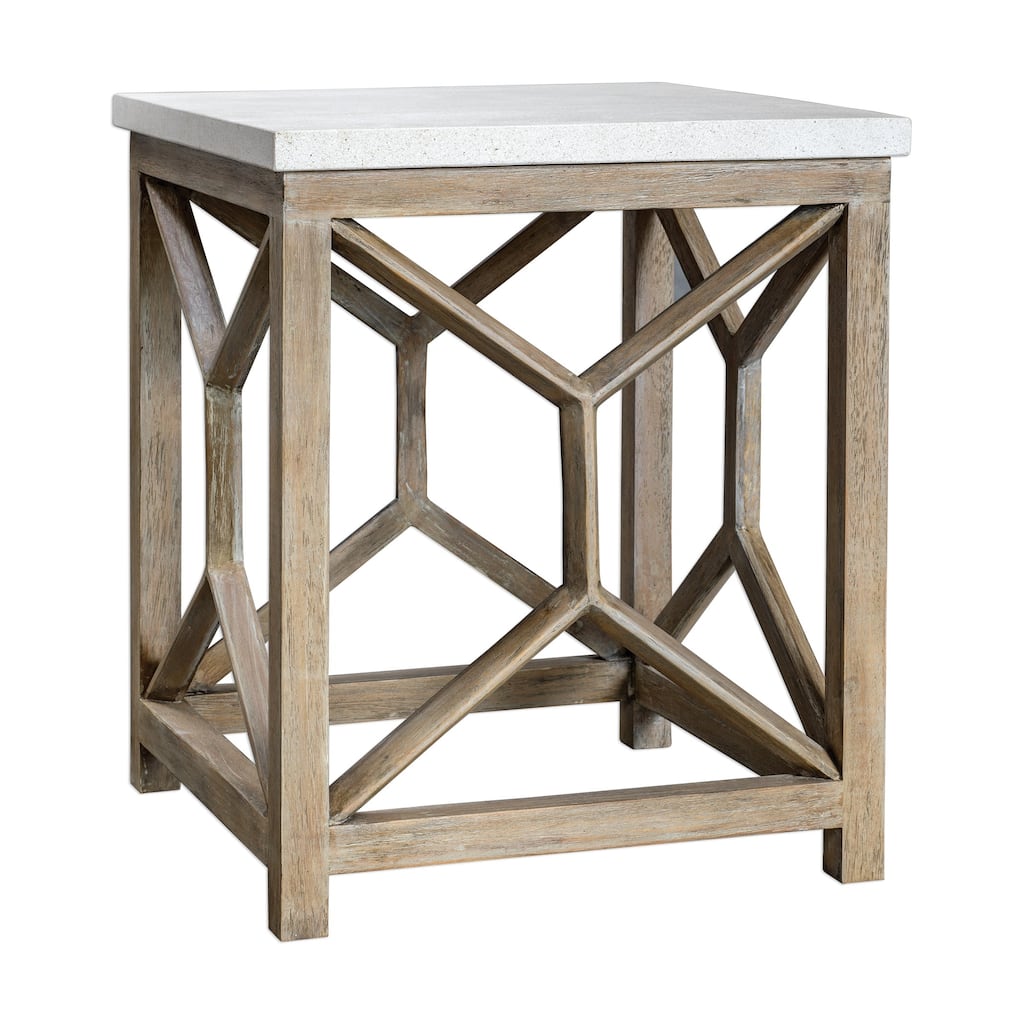 26" Catali Mixed Natural Wood Geometric End Table Ivory Limestone Top