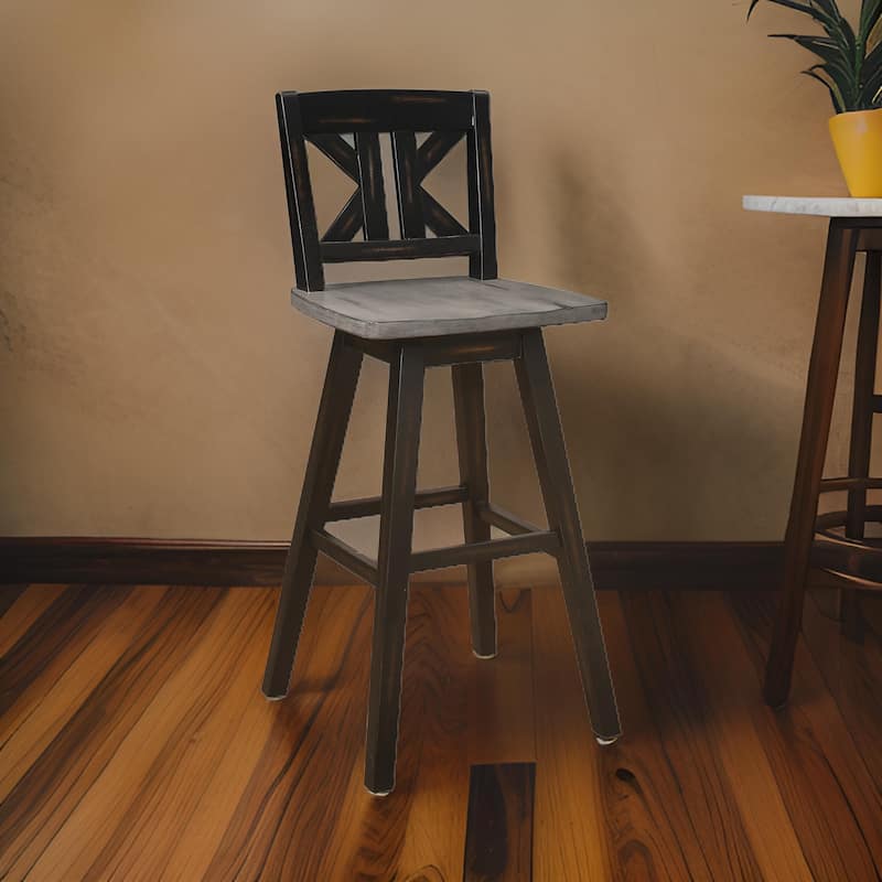 Ati 29 Inch Bar Height Stool Swivel Chairs Set of 2, X Back, Distressed Gray, Black