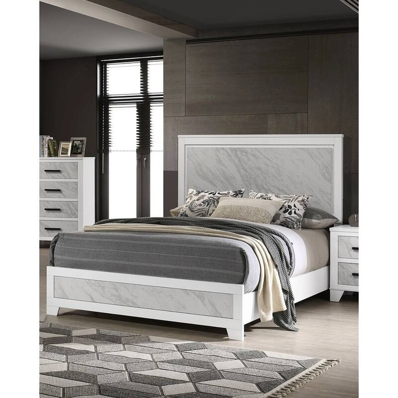 Contemporary White Full Size Bed with Faux Marble Headboard, Rubberwood Furniture