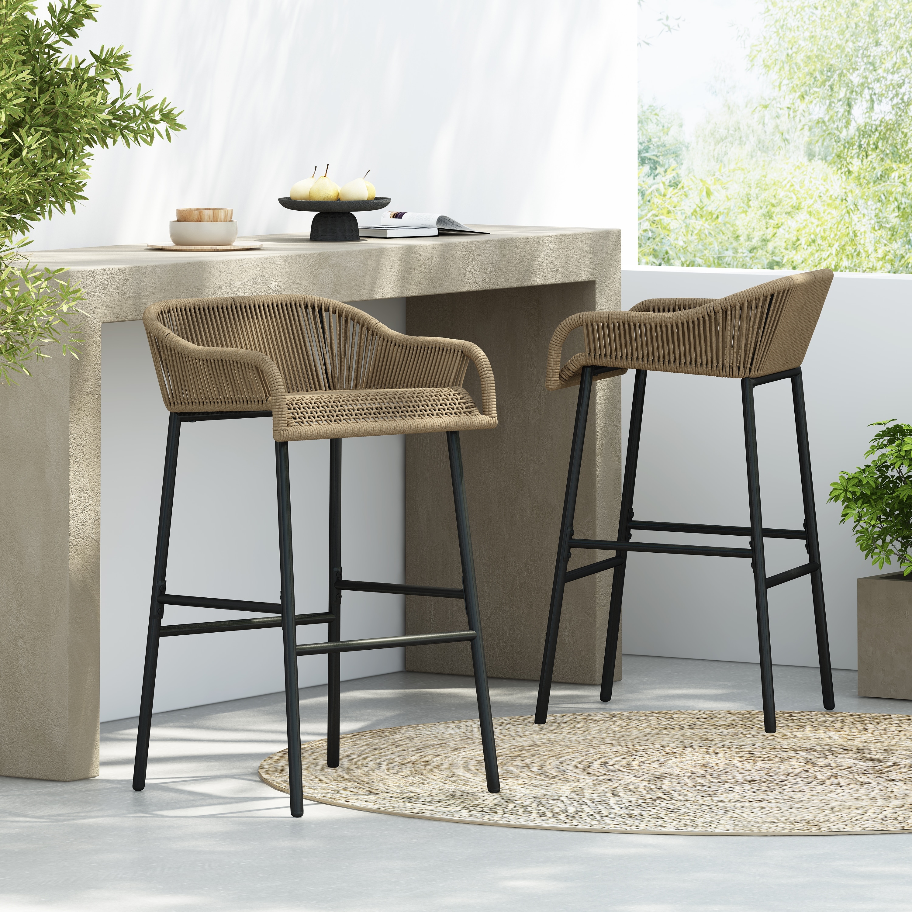 Neri Iron Outdoor Patio Rope Weave Barstools (Set of 2) by Christopher Knight Home
