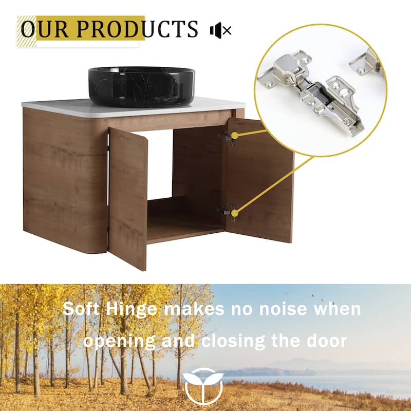 30'' Wall-Mounted Bathroom Vanity With Ceramic Art Sink & 2-Soft-Close Door, KD-Packing, Plywood