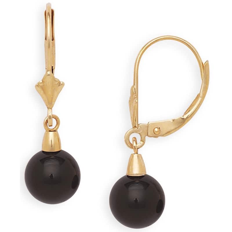 Curata 14k Yellow Gold Turquoise, Onyx or Coral Ball Leverback Earrings