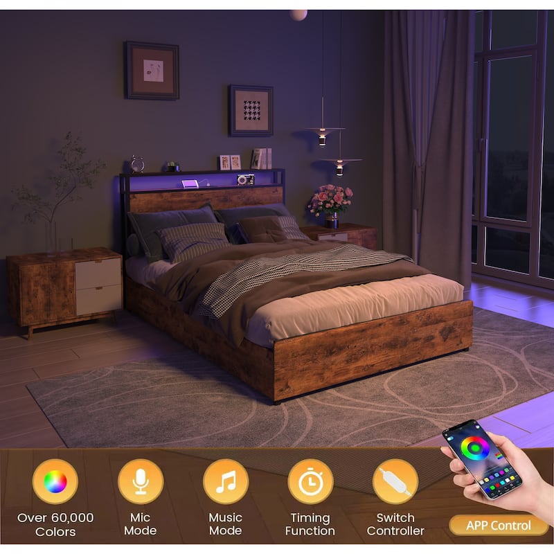 King Size Bed Frame with 4 Drawers, 2-Tier Storage Headboard with Charging Station, LED Lights, Metal Slat Support, Noise Free