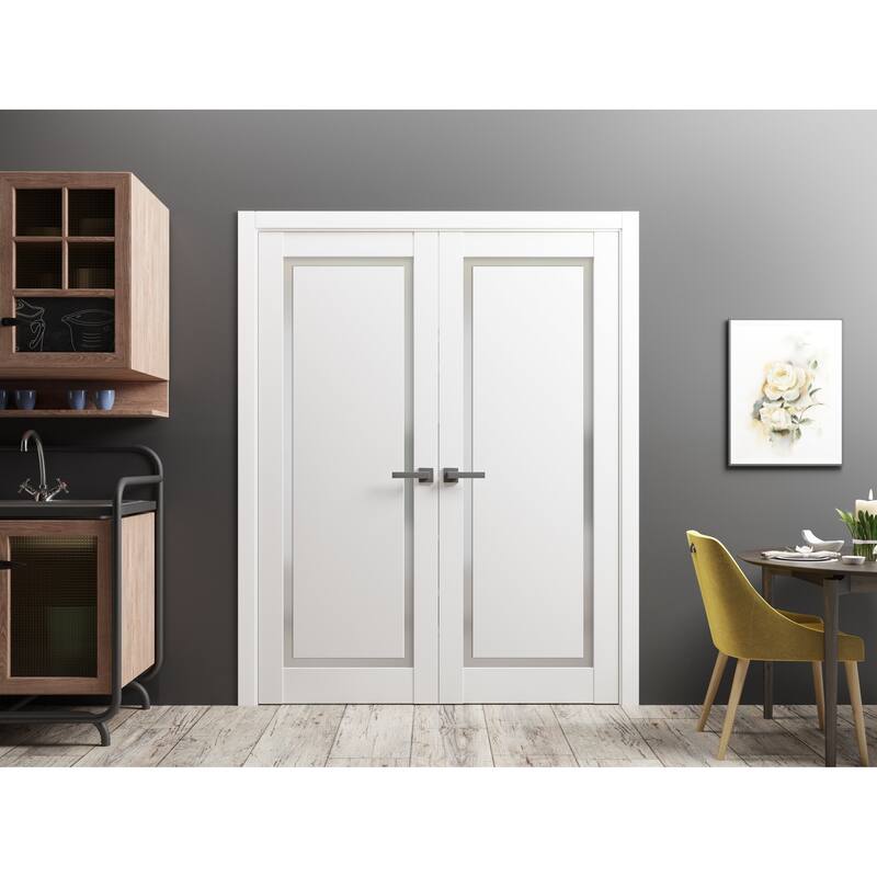 Solid French Double Doors 36 x 80 inches | Planum 0888 Painted White with Frosted Glass