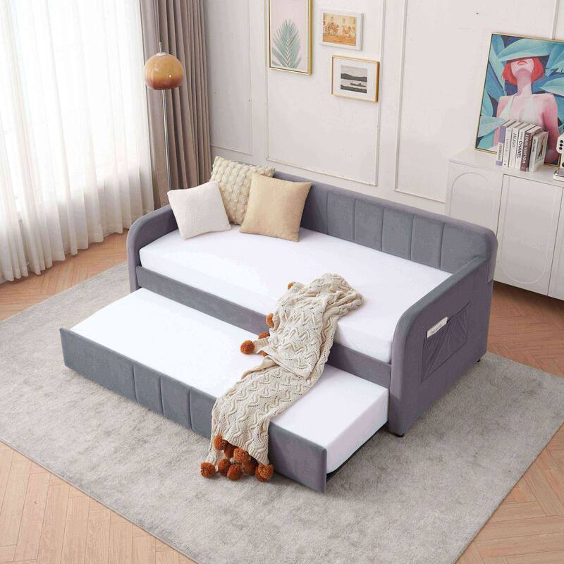 Twin Daybed with Trundle, Upholstered Velvet Frame, Space Saving Daybed Bed for Guest Room - Grey Twin - Twin