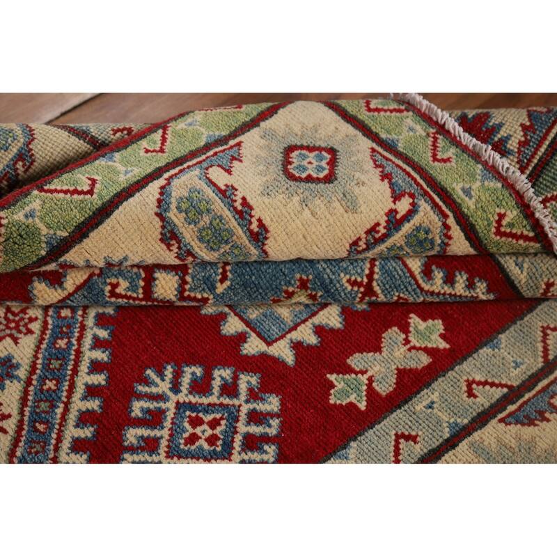 Red Geometric Kazak Runner Rug Handmade Oriental Wool Carpet - 4'1" x 13'8"