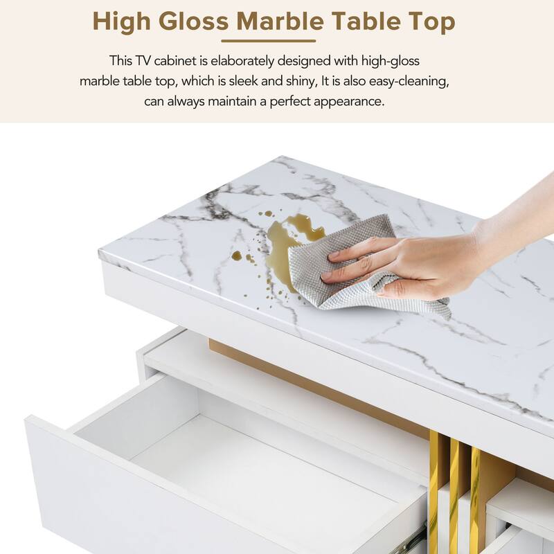 Luxury TV Stand with High Gloss Faux Marble Top for TVs Up to 78'', Rectangle Media Console with Golden Panel.
