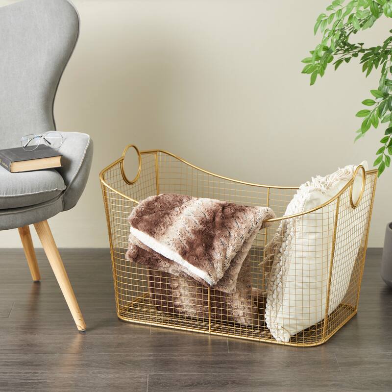 Gold Metal Wire Grid Storage Basket with Curved Edges Ring Handles - Gold -  30"W, 20"H