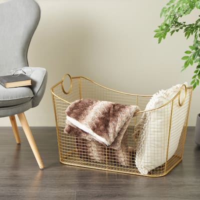 Gold Metal Wire Grid Storage Basket with Curved Edges Ring Handles