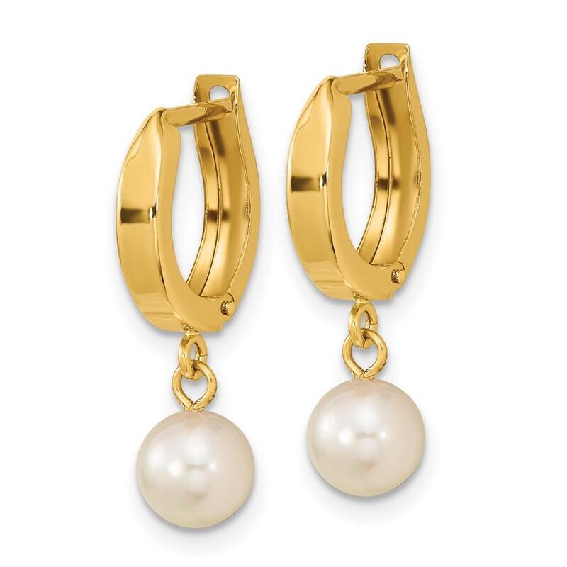 Curata 14k Yellow Gold 6-7mm White Round Akoya Saltwater Pearl Hoop Dangle Earrings (23.5x7mm)