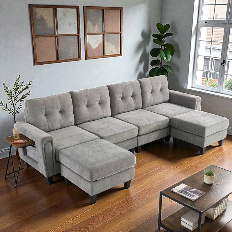Modern 115" U-Shaped Modular Sectional Sofa with 2 Ottomans, USB Charging Ports, Foldable Side Tables, Chenille Upholstery - Grey