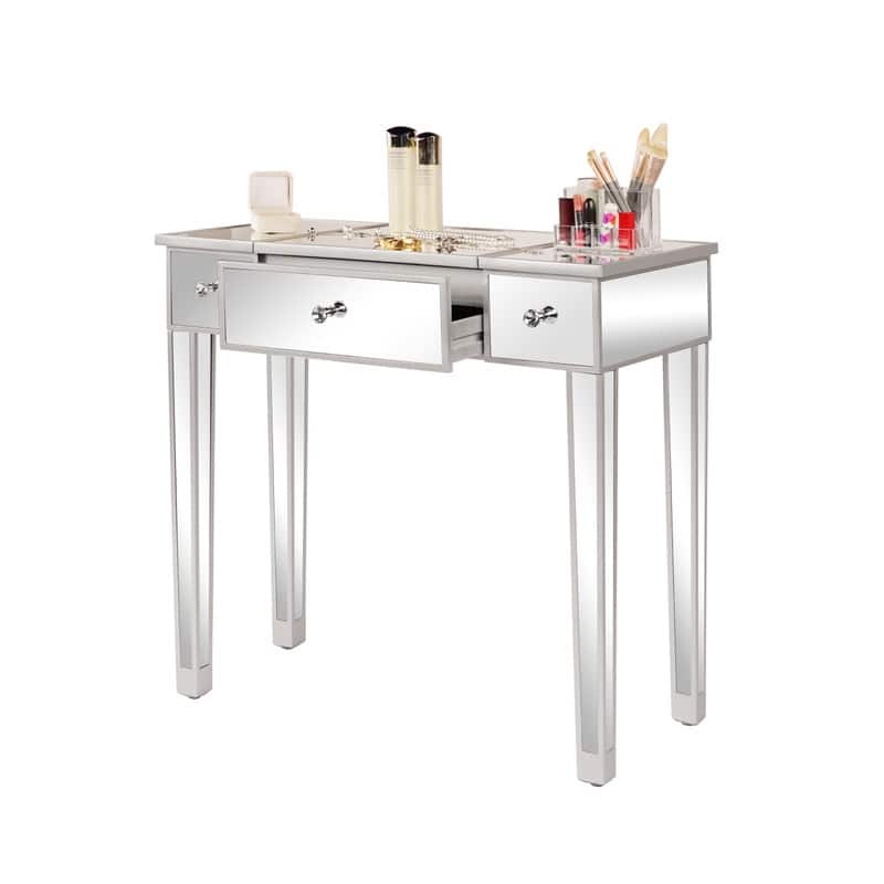 Mirrored Surface 1 Drawer Flip-up Desktop Writing Desk Vanity Desk Silver
