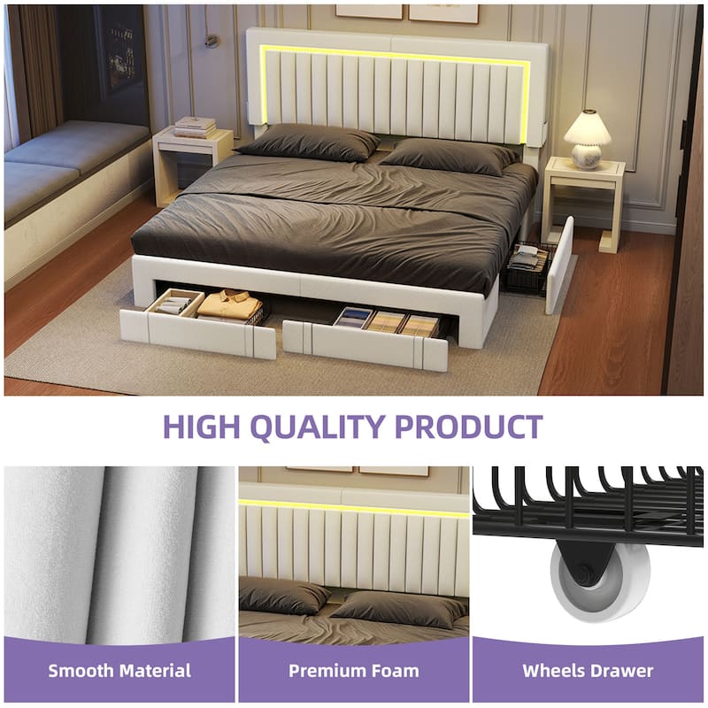 Velvet Upholstered Platform Bed Frame with Adjustable Headboard and 4 Storage Drawers & RGB LED Lights