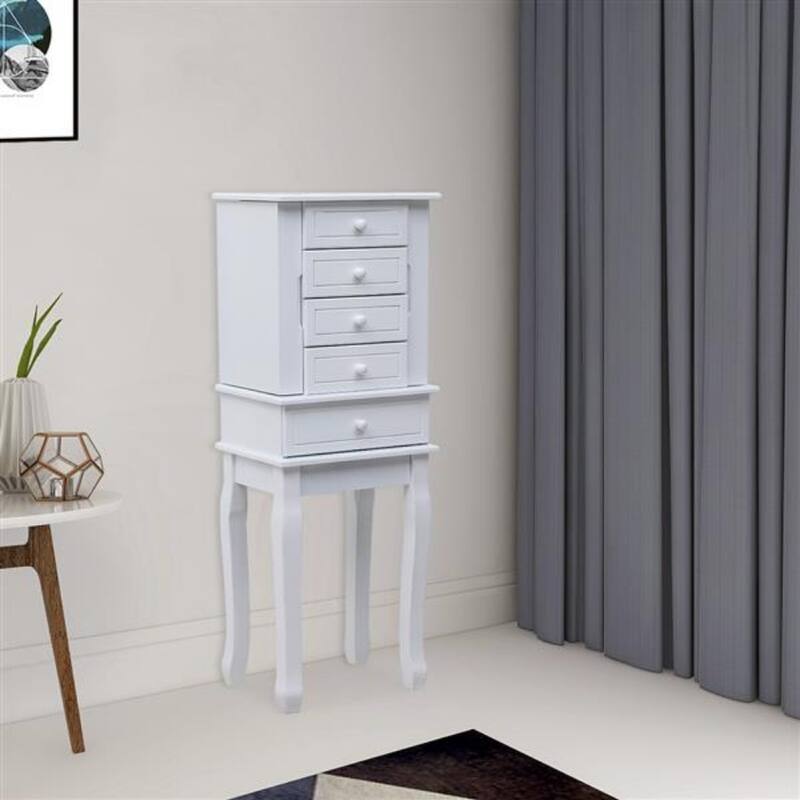 Standing Jewelry Armoire with Mirror, 5 Drawers & 14 Necklace Hooks, Jewelry Cabinet Chest with Removable Ring Storage Slot and