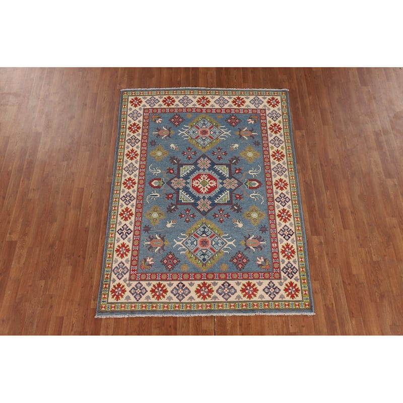 Blue Geometric Kazak Oriental Area Rug Handmade Oriental Wool Carpet - 4'11" x 6'9"