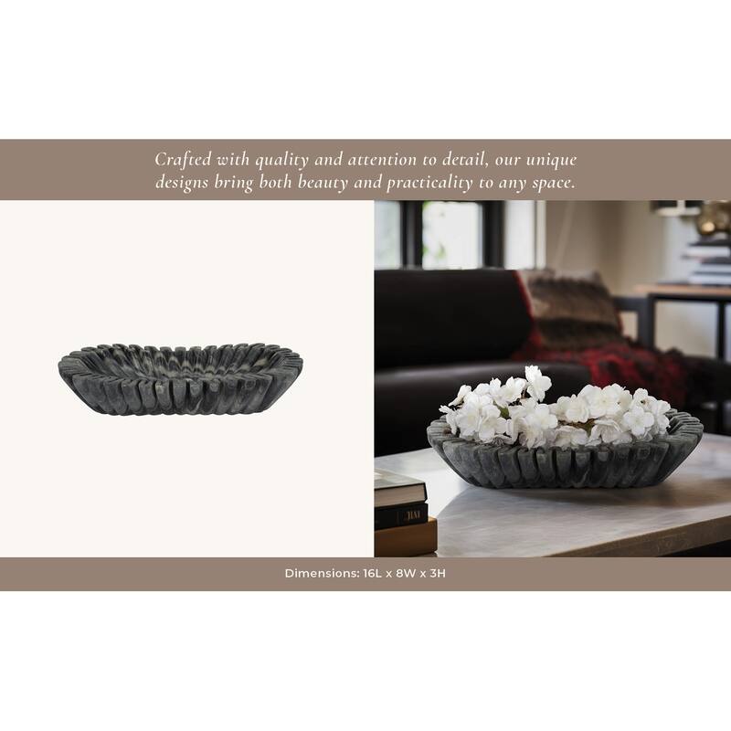 Decorative Wavy Marble Bowl with Ribbed Texture -Home Decor - 16", Tan