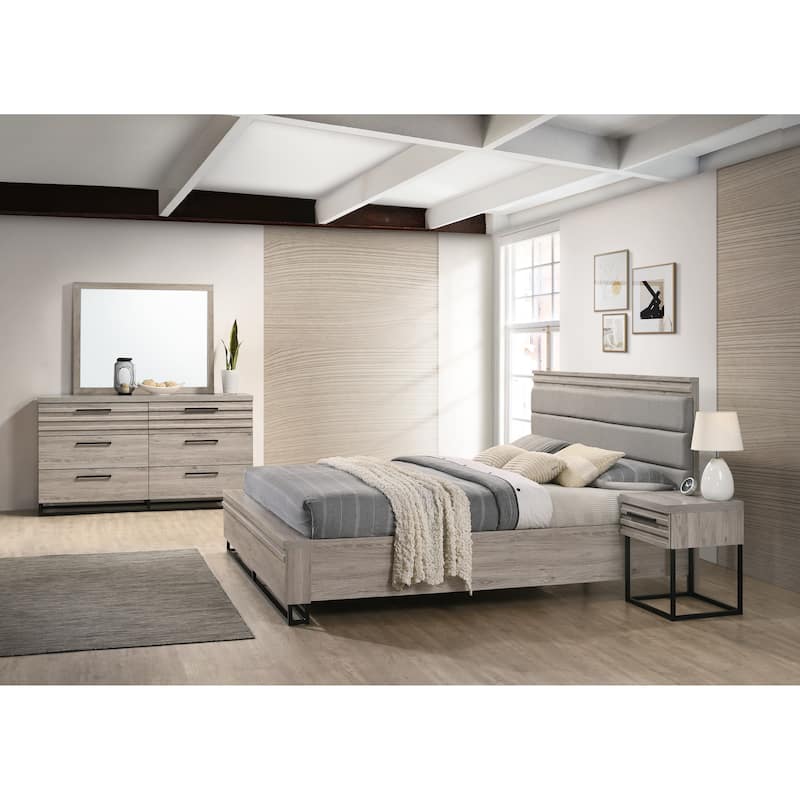 Roundhill Furniture Alvear Upholstered Wood Panel Bed, Dresser, Mirror, and Nightstand, Weathered Gray
