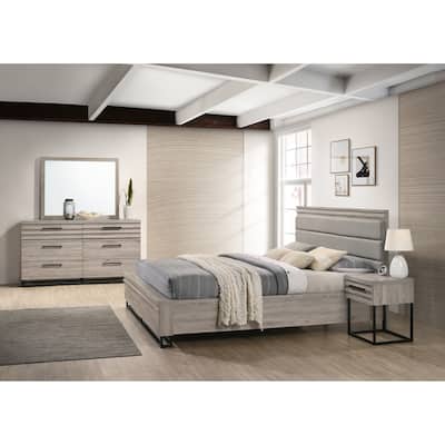 Roundhill Furniture Alvear Upholstered Wood Panel Bed, Dresser, Mirror, and Nightstand, Weathered Gray