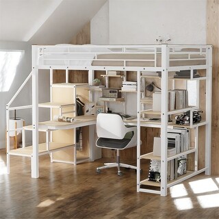 Metal Full Size Loft Bed with Small Wardrobe, Built-in Desk and Storage Staircase