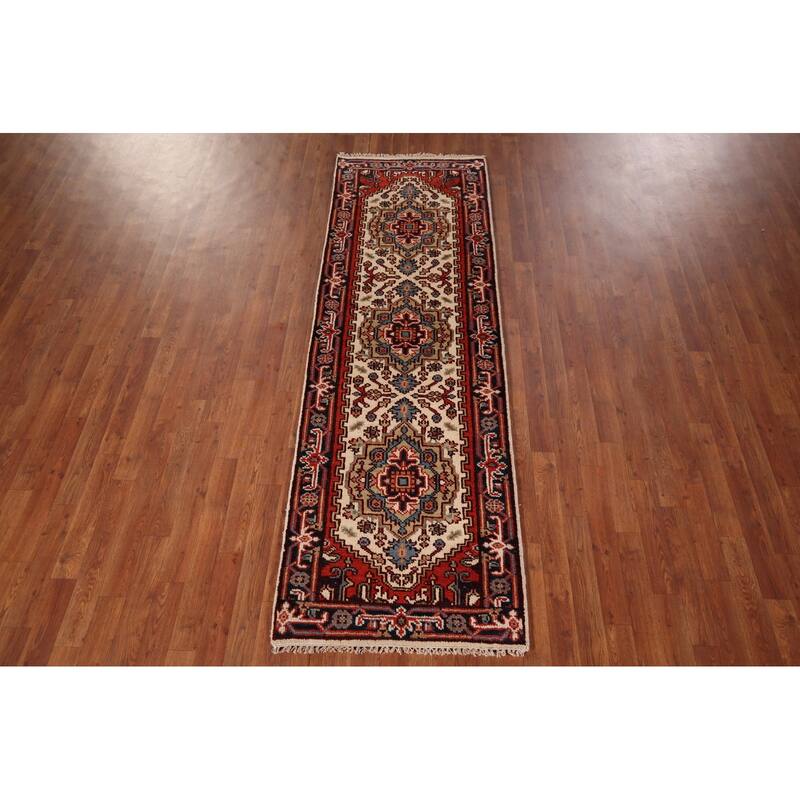 Ivory Geometric Heriz Serapi Oriental Runner Rug Handmade Wool Carpet - 2'7"x 8'1"
