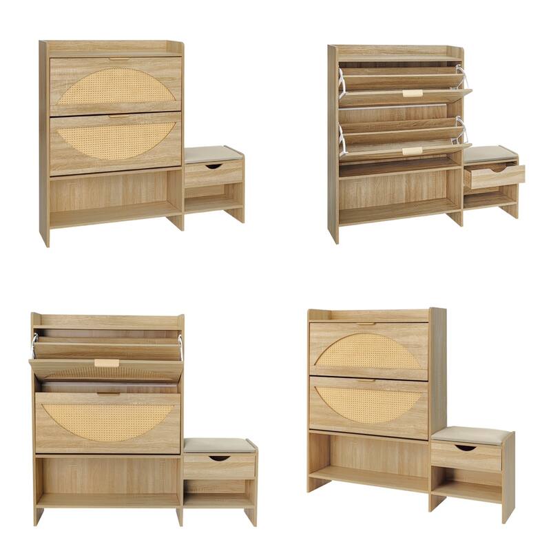 47.2" Rattan Shoe Storage Cabinet with 2 Flip Drawers and a Bench