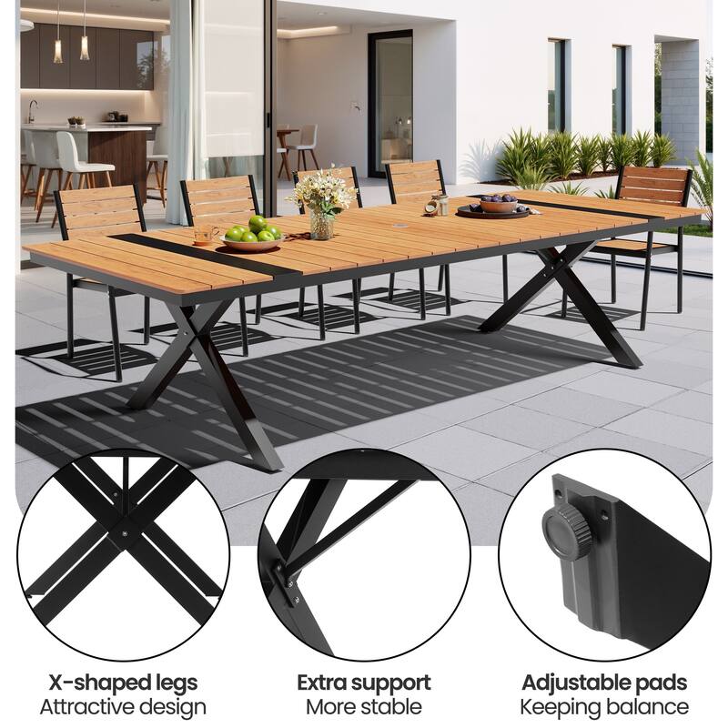 Outdoor Aluminum Dining Table Rectangular Table with Umbrella Hole for 10-12 Person