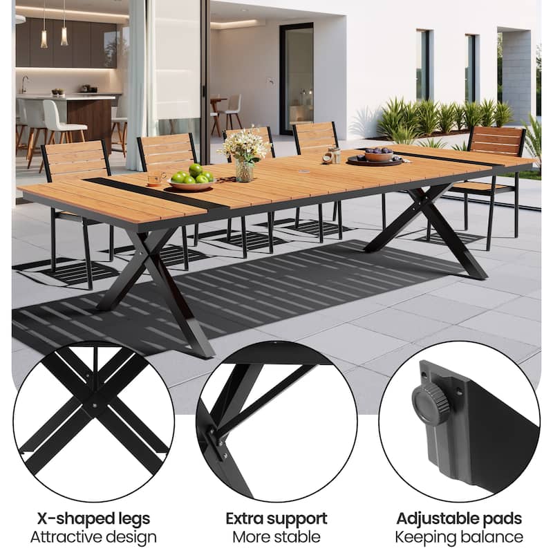 Outdoor Patio All-Weather Aluminum X-Shaped Rectangular Dining Table with Umbrella Hole