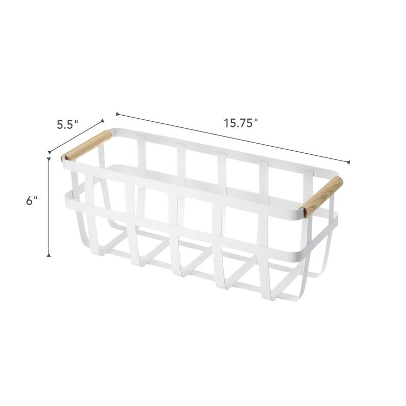 Yamazaki Home Storage Basket - Two Sizes, Steel and Wood - L 5.71 x W 15.75 x H 6.1 inches